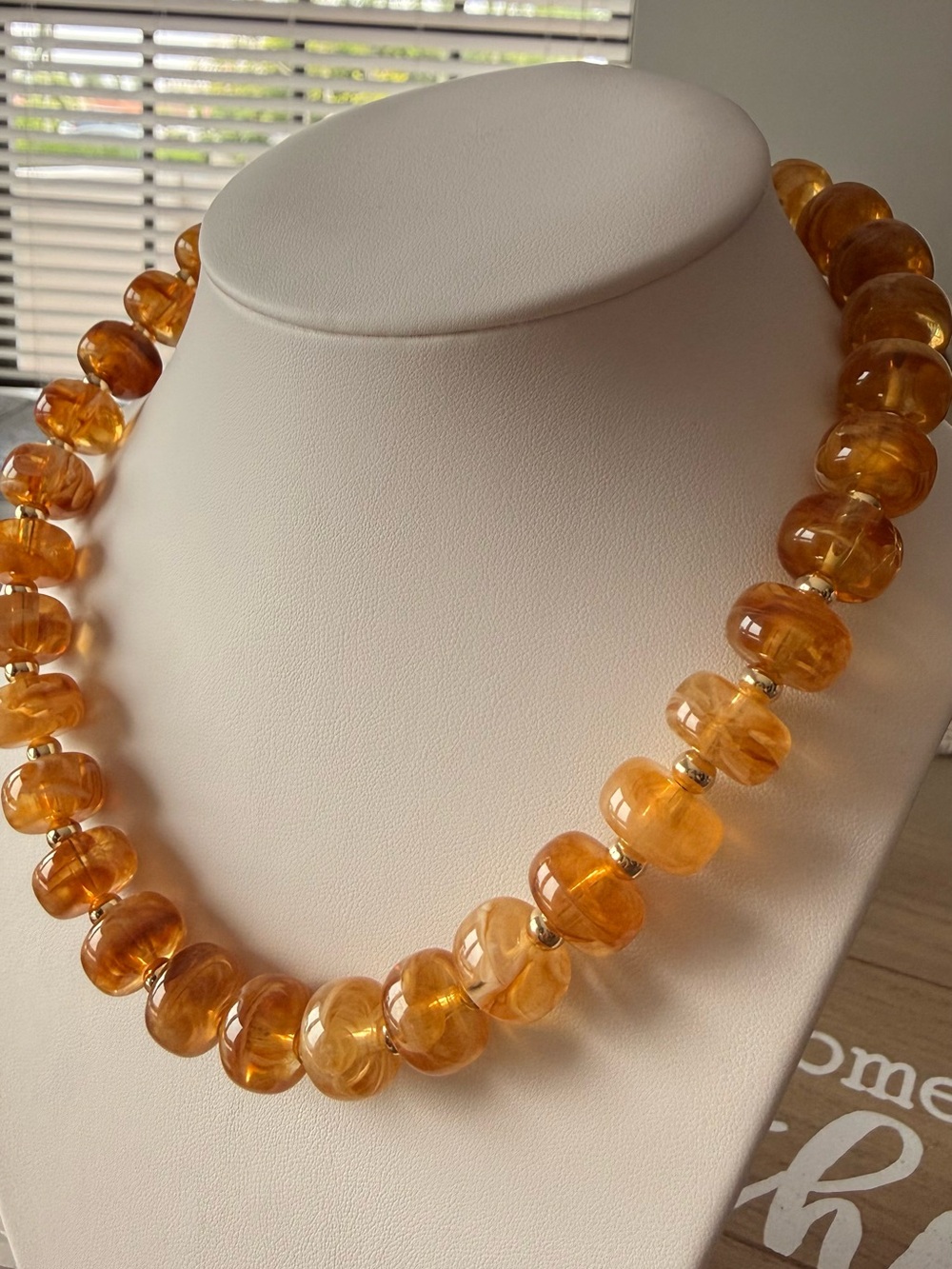 Golden Amber Glass Bead Necklace — Warm Amber Tone